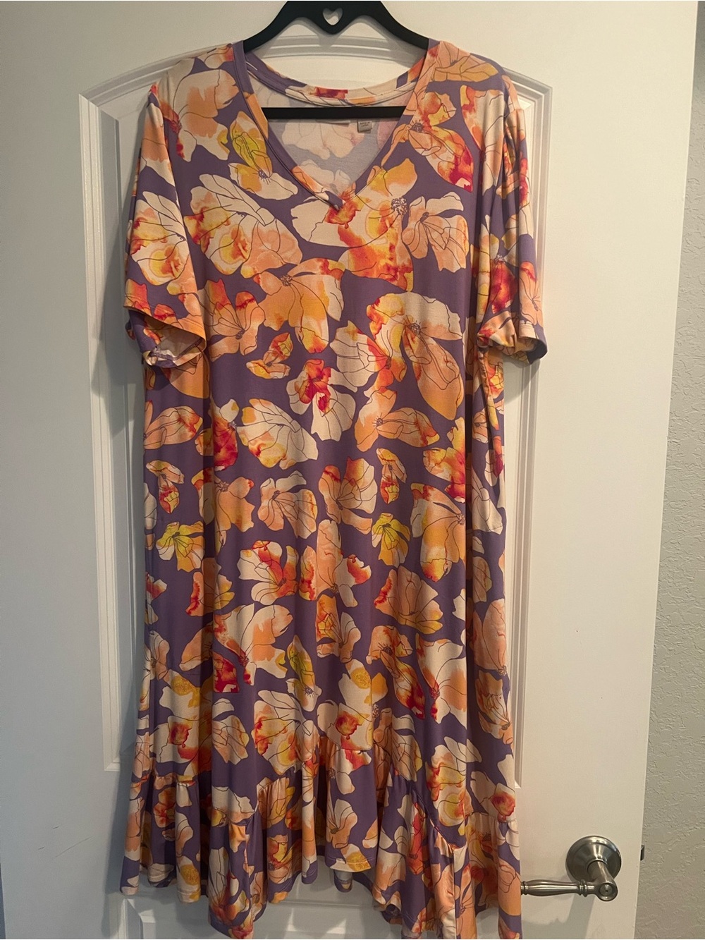 Logo By Lori Goldstein Midi Dress Women's XLP Floral Ruffle Hem Purple Yellow - Picture 2 of 5